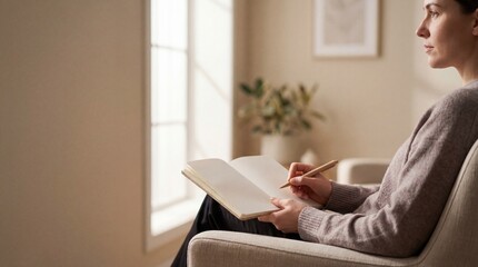Naklejka premium Person sitting calmly near a window holding a notebook with blank pages and a pen in soft natural light, creating a serene therapy and mental wellness mood with copy space.