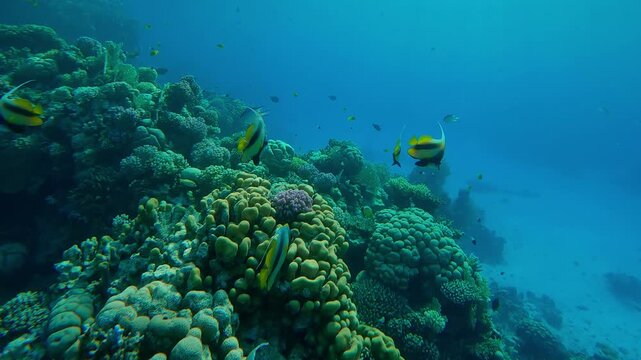 A group of Red Sea Bannerfish, Heniochus intermedius, and other tropical fish swim over the slope of a fore reef on a sunny day against a backdrop of turquoise water.
