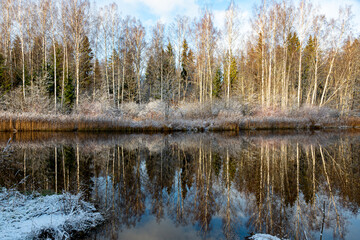 Fototapeta premium landscape with a lake in late autumn, blue sky, reflections in the water