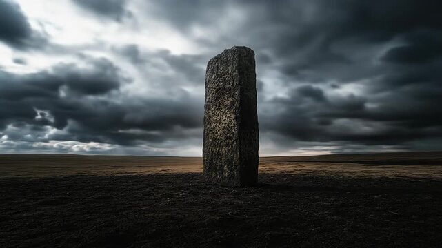 Dramatic monolith stands alone under stormy sky in desolate landscape
