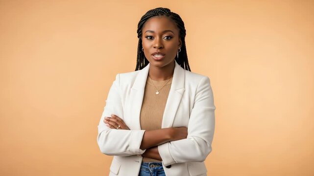 Smiling young woman with arms crossed wearing a white blazer
