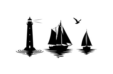 Lighthouse and Sailboats on Calm Sea