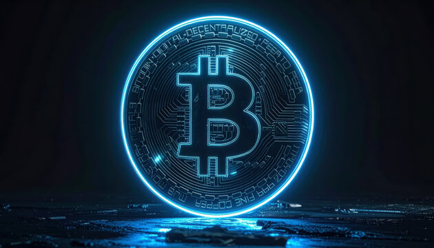 Glowing blue Bitcoin symbol with a circuit board pattern, representing cryptocurrency and digital assets