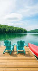 Fototapeta premium Two turquoise chairs on a wooden pier next to a red canoe, reflecting tranquility and outdoor leisure on a sunny day with a serene lake view