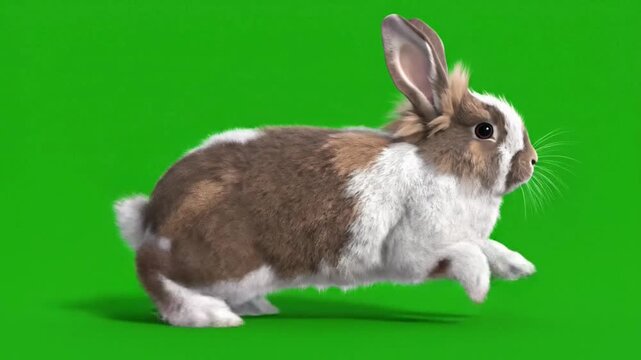 Cute brown and white rabbit running and hopping on a vibrant green screen background, perfect for compositing.
