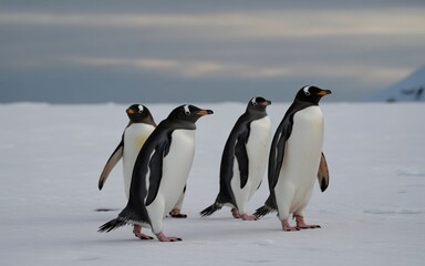 Fototapeta premium Group of Penguins Walking Across Snowy Landscape Under Overcast Arctic Sky
