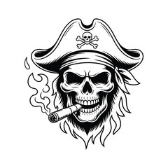 Fototapeta premium Fierce skull wearing a pirate hat and bandana smoking a cigar with smoke emitting from its mouth