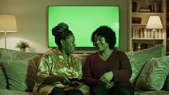Green Screen women watching television with chroma girlfriends switching channels on tv remote controller sitting sofa together in living room spare time at home relaxing scene 3 distortion, overlay