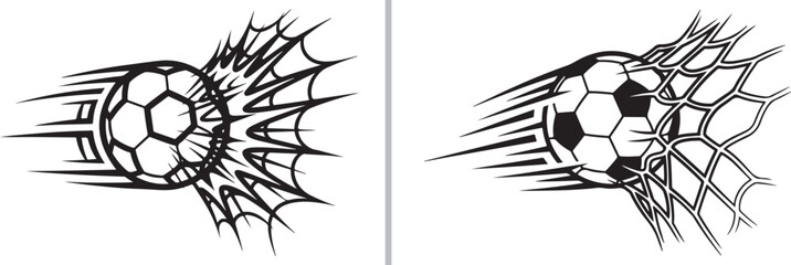 High-energy black and white vector sketches of a soccer ball hitting the back of the net with explosive force, capturing the dynamic movement and physical tension of a winning goal. © Nur