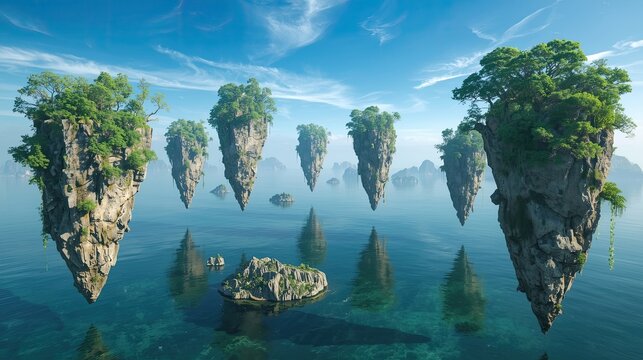 Floating islands casting impossible shadows over calm water