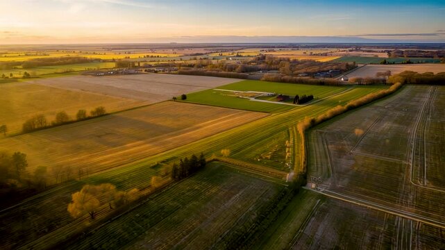 Aerial View of Expansive Farmland at Sunset With Patchwork Fields and Country Roads Showing Agricultural Scale and Rural Landscape