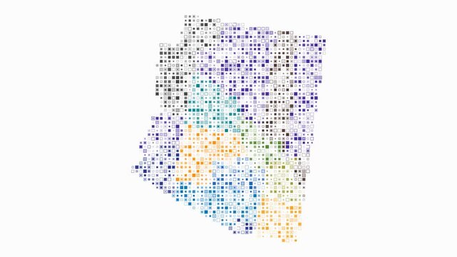 Arizona animated shape. Pulsating colored dots on the map of the state. Small size square blocks. Digital style Arizona map on white background. Modern animation video.