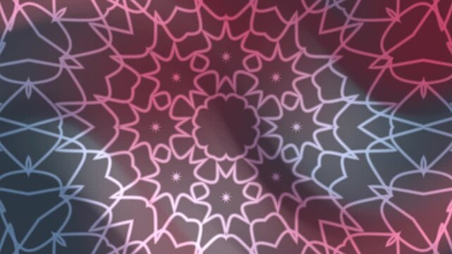 Abstract evolving mandala design features intricate, glowing lines in shades of reddish pink and bluish gray, creating a seamless and hypnotic background