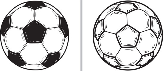 Classic black and white vector sketches of soccer balls, featuring detailed pentagonal and hexagonal paneling with hand-drawn ink textures for a traditional athletic look. © Nur