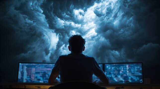Silhouette analyst at workstation with multiple monitor and stormy cloud backdrop symbolizing data incident response and threat containment.