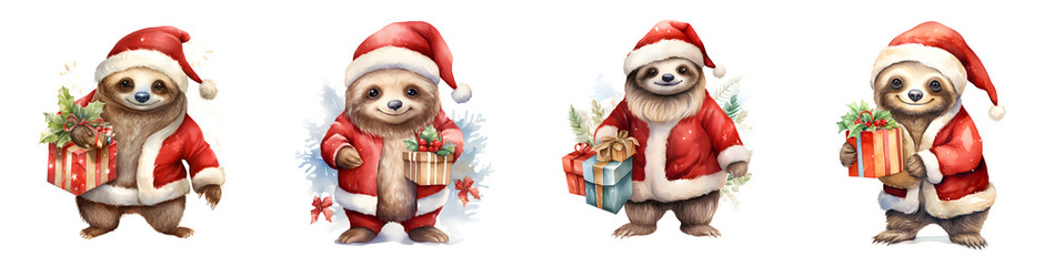 Fototapeta premium Adorable Christmas sloth collection in Santa outfits watercolor illustration on a transparent background