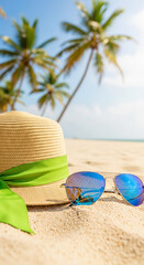 Vertical shot of straw hat with green ribbon and blue reflective sunglasses on sandy beach with palm trees, symbolizing vacation, relaxation, leisure
