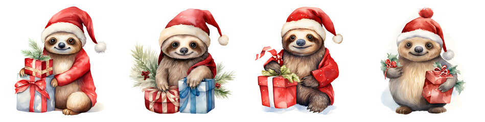 Fototapeta premium Adorable Christmas sloth illustrations set on a transparent background