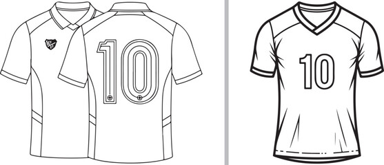 A black and white line art vector showcasing two soccer jersey designs: a collared shirt with "10" on the back and a crest, alongside a V-neck jersey featuring "10" on the front. © Nur