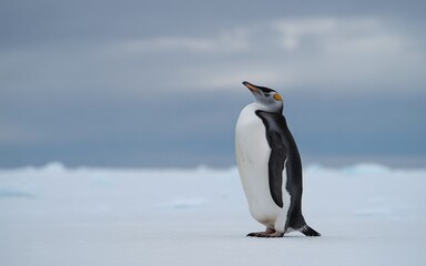 Obraz premium Lonely Penguin Standing Still and Looking Up at the Sky in a Vast Polar Landscape