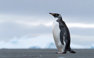 Obraz premium Lonely Penguin Standing Still and Looking Up at the Sky in a Vast Polar Landscape
