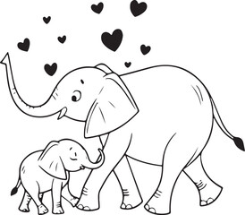 Cute Mother and Baby Elephant Line Art with Hearts - Coloring Page
