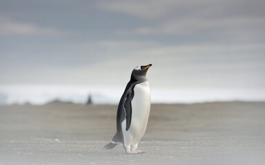Obraz premium Lonely Penguin Standing Still and Looking Up at the Sky in a Vast Polar Landscape