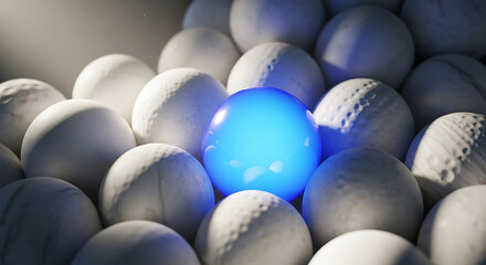 Unique blue marble standing out among white golf balls