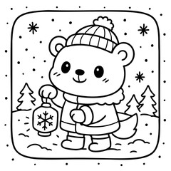 A cute bear in a cozy winter outfit holds a lantern while standing in a snowy landscape, surrounded by trees and falling snowflakes.