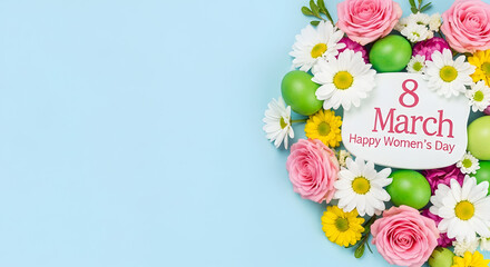 Happy women's day 8th march greeting with beautiful flowers and celebratory elements