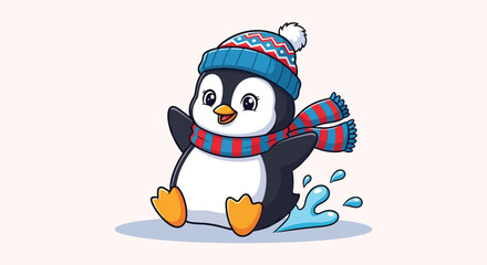 Cute penguin wearing a hat and scarf sliding on ice.