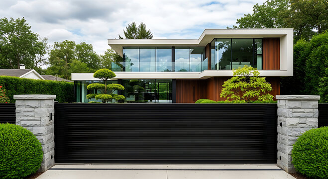 Modern house with black gate and glass facade