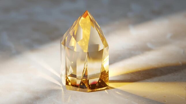 Gold crystal prism gemstone reflecting golden sunlight marble surface with sparkling reflection, polished facets and soft shadowed elegant composition