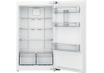 Modern empty white refrigerator with open door showing shelves and compartments