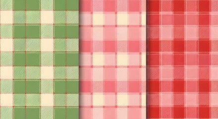 Three seamless plaid patterns in green, pink, and red, featuring soft textures and classic checked designs for textiles.