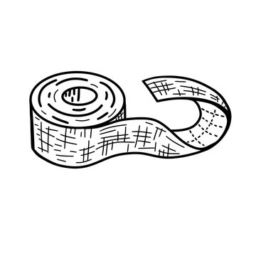 Minimal hand drawn illustration of a roll of kinesiology tape. Black and white sketch style vector artwork representing sports medicine, physiotherapy, rehabilitation and injury support