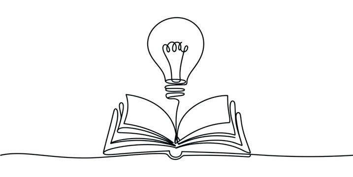 Light bulb and book continuous line illustration, single line vector icon, symbol of inspiration, education, brainstorming, and creative business concept.