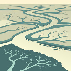 Abstract aerial view of a river delta landscape, seen from above with flowing water channels in a flat design.
