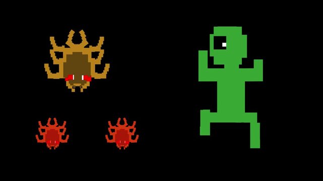 Pixel art style animation with an alien and spiders moving on a black background, vintage, pixel, 2D.