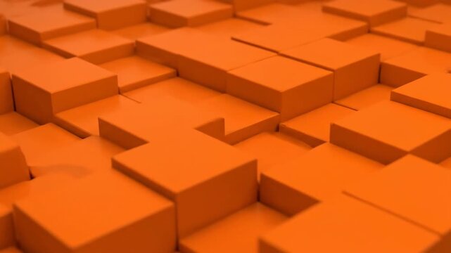 Orange 3D rendered blocks arranged in a puzzle pattern, creating a visually appealing and intricate design with varying depths and angles, showcasing a unique and complex geometric structure.