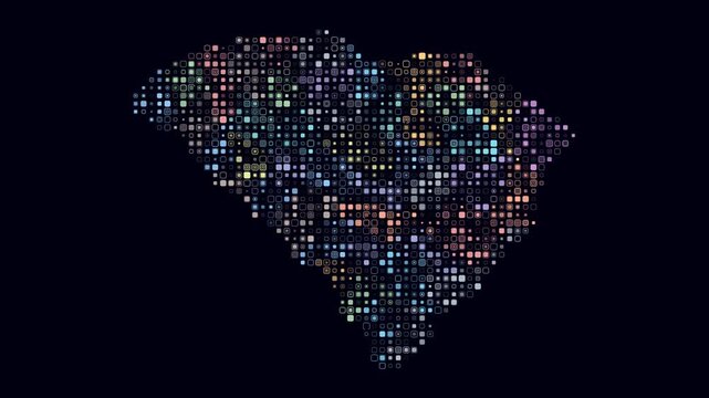South Carolina animated shape. Pulsating colored dots on the map of the state. Small size rounded square blocks. Digital style South Carolina map on dark background. Amazing animation video.