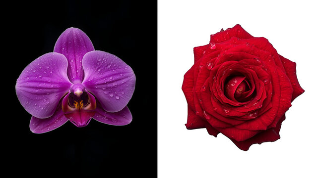 elegant purple orchid flower in bloom with delicate petals,classic red rose flower with rich petals, timeless symbol of love, passion, and romance, elegant floral beauty