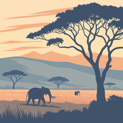 Fototapeta premium Tranquil sunset plain landscape with dramatic long shadows in a clean, flat vector style, perfect for peaceful and expansive backgrounds.