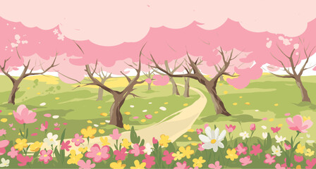 Blooming spring garden. Landscape with meadow and trees in bloom. Vector illustration in watercolor style. Hand drawn author's drawing.