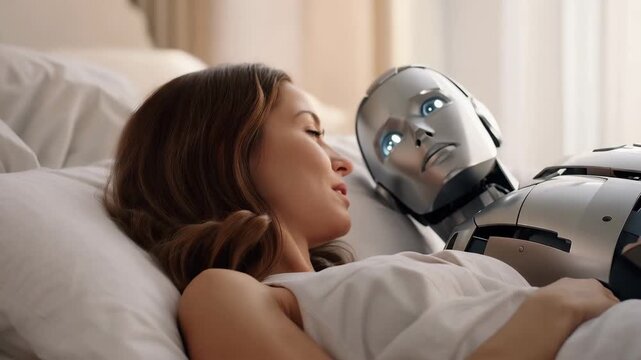 Woman lying in bed beside humanoid robot in bright bedroom interior