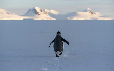 Obraz premium Rear View of a Penguin Running Toward Distant Mountains Across an Open Antarctic Landscape