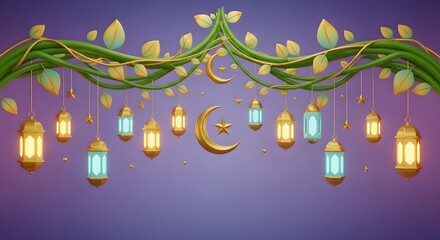 Whimsical Ramadan and Eid decoration with gold crescent moons, stars, and colorful lanterns hanging from green vines.