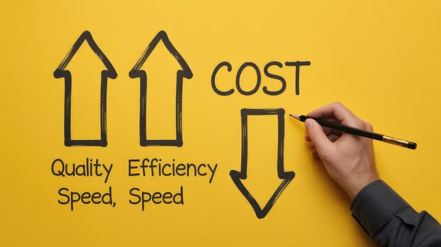 Hand draws business strategy increasing quality efficiency speed and decreasing cost on a bright yel