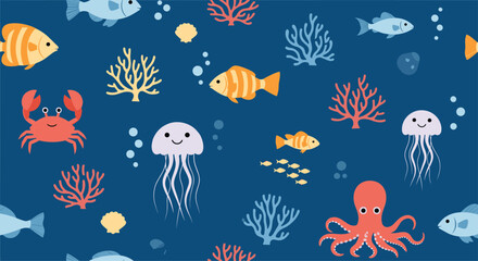 Obraz premium Cute ocean scene with fish, jellyfish, crab, and coral on a dark blue background.