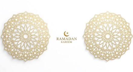 Elegant Islamic design with two golden circular geometric patterns and 'Ramadan Kareem' text on a clean white background.